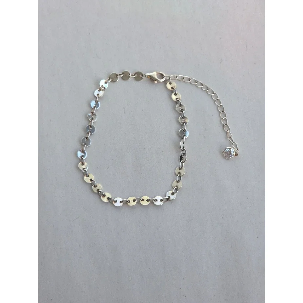 Sterling Silver 925 Adjustable Flat Disc Chain Link Bracelet with CZCharm